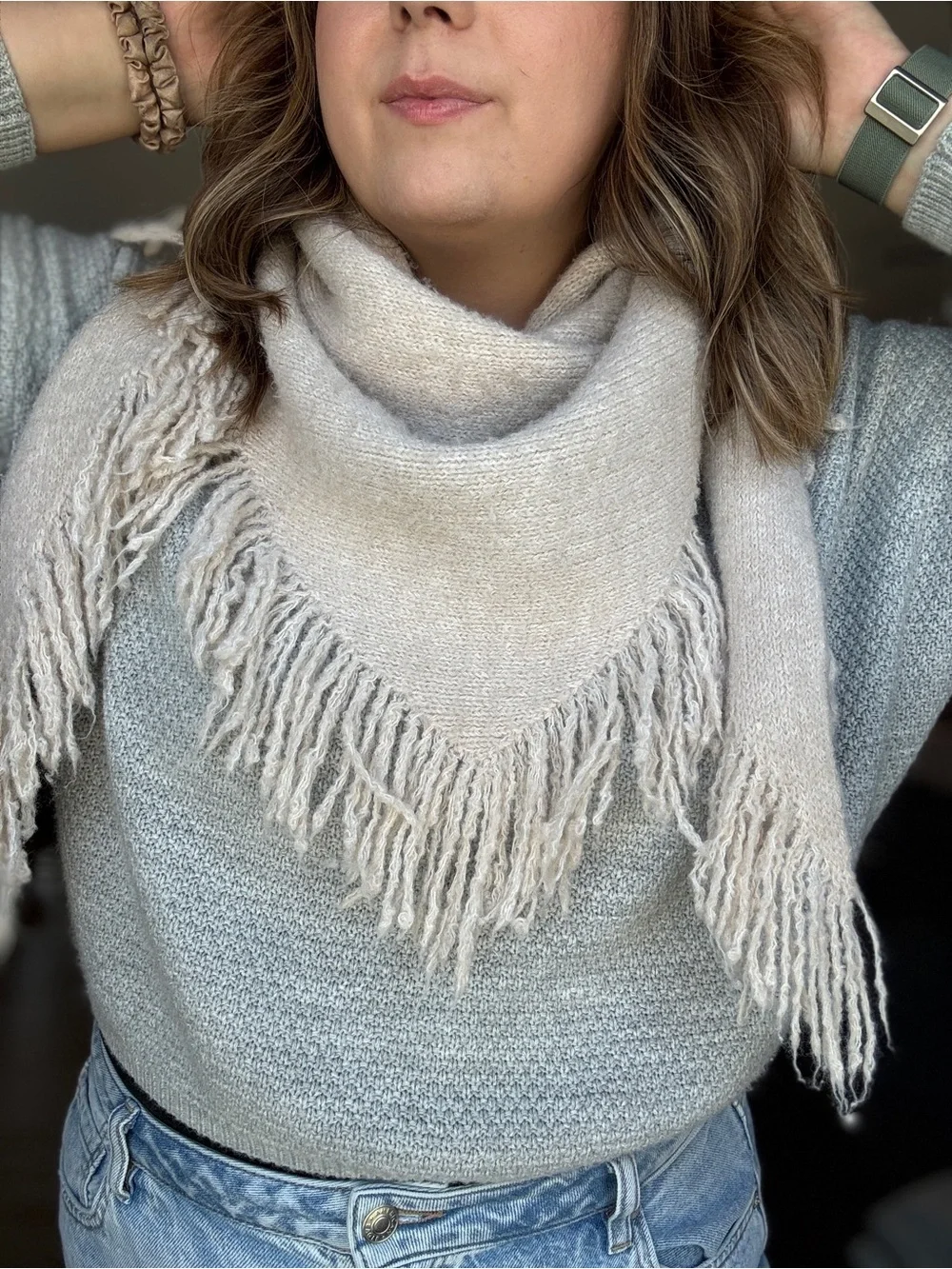 Anthropologie Women's Cream White Shay Fringe Knit Triangle Scarf Wrap 75